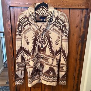 Ralph Lauren Tan Indian Blanket Southwestern Aztec Intarsia Cardigan, Size S